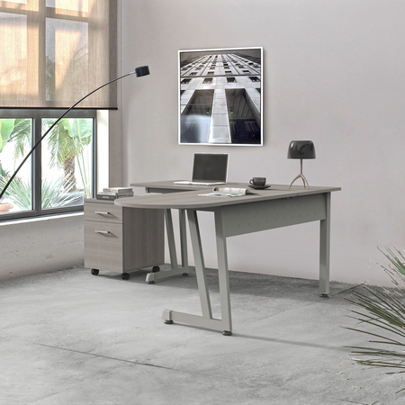 Linea Italia L-Shaped Corner Desk, 55”W x 71”D x 30”H, Metal Frame Ash Laminate ZUD120S